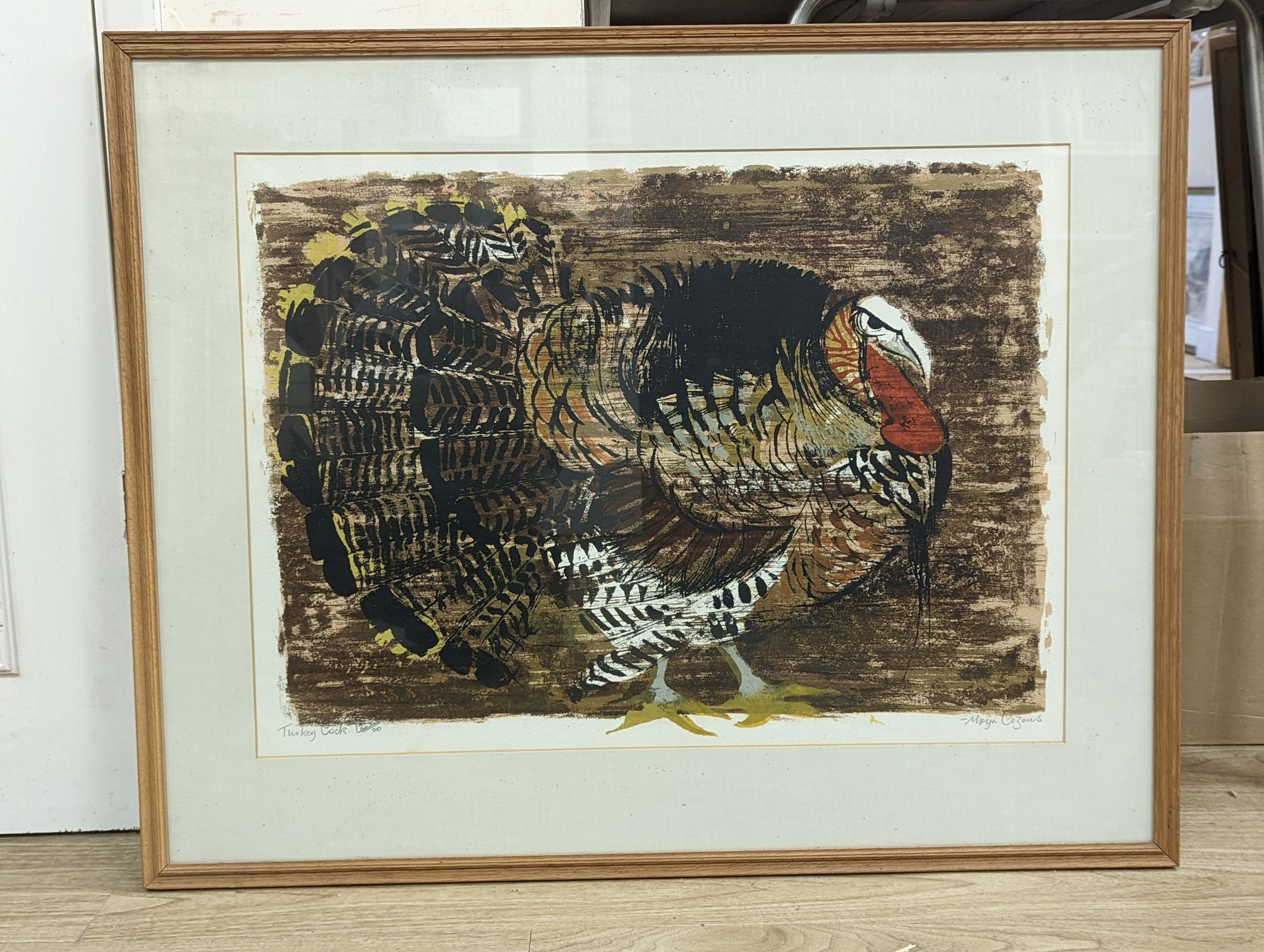 Moya Cozens (1920-1990), limited edition print, 'Turkey Cock', signed, 12/20, 47 x 65cm